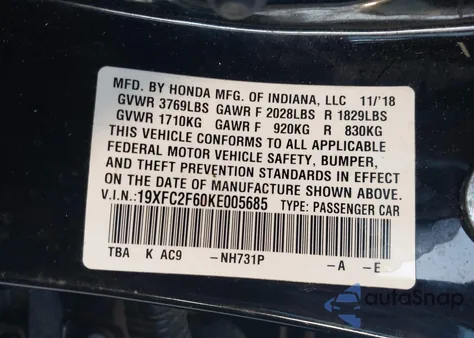 2019 Honda Civic Lx from USA, damaged, VIN 19XFC2F60KE005685